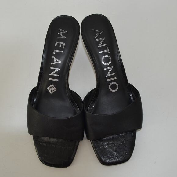 Antonio Melanie Wms Sz 9 Slip On Sandals Black Leather Kitten Heel - Picture 8 of 14